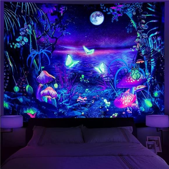 Blacklight Fantasy Forest Tapestry Aesthetic Moon Tapestry UV Reactive Butterfly - Picture 5 of 7